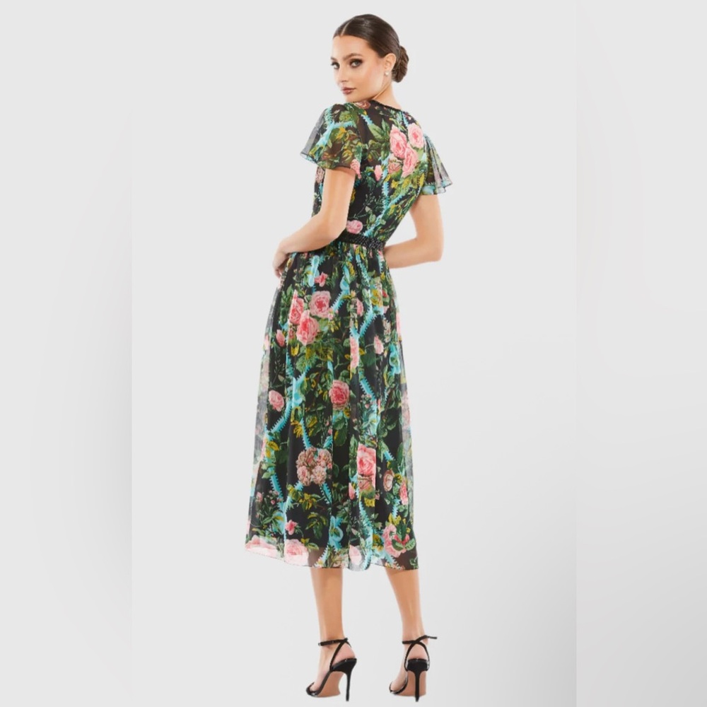 Mac Duggal Black Floral Midi Dress with Pink Roses - Picture 2 of 7